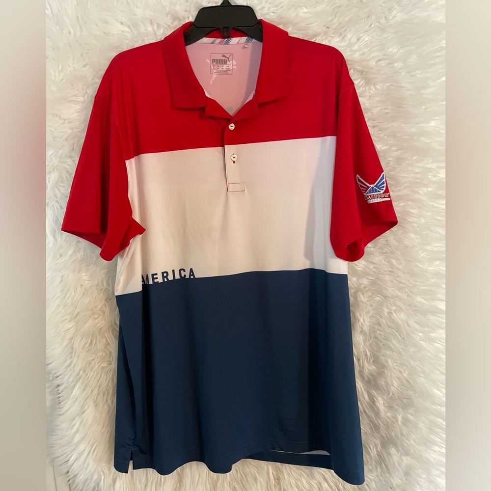-Puma Volition America Men’s Short Sleeve Red, White, and Blue Polo Shirt.